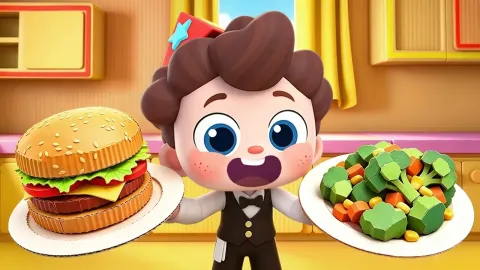 Baby Opens a Cardboard Restaurant and Learns Healthy Eating Habits