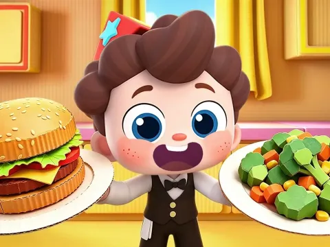 Baby Opens a Cardboard Restaurant and Learns Healthy Eating Habits