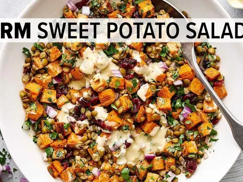 Roasted Sweet Potato Salad with Maple Mustard Tahini Dressing