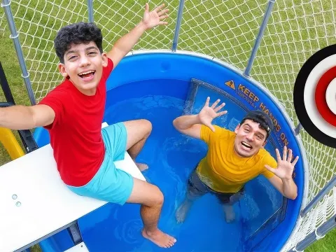 Family Splash Pool Challenge with Dunk Tank and Slime Fun