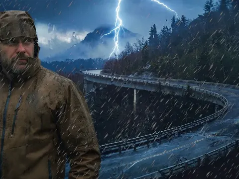 Winter Hiking and Camping Under a Historic Bridge in Heavy Rain