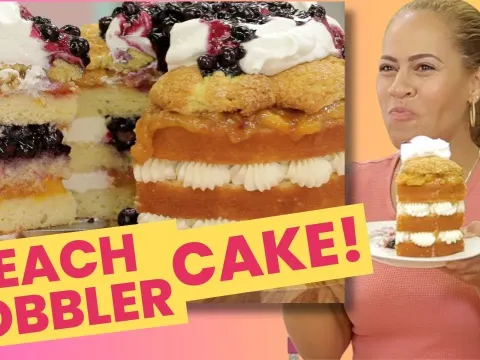 Peach Cobbler Layer Cake with Blueberry and Cornmeal Twist