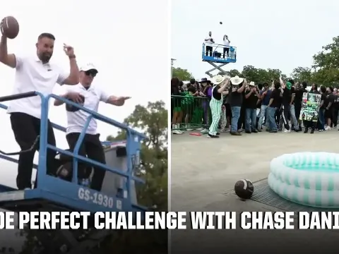 Dude Perfect and Chase Daniel Take on a Wild Scissor Lift Football Challenge at North Texas